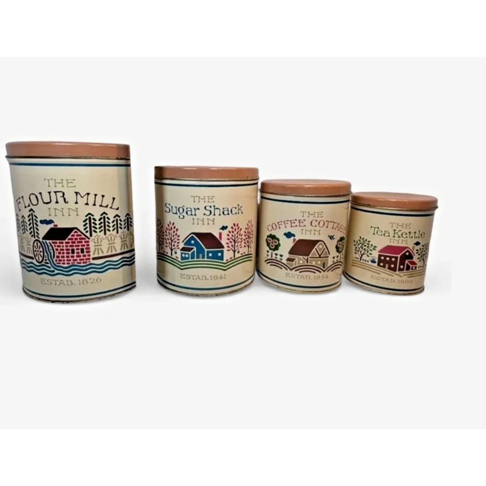 Vintage Nesting Metal Tin Canister Set of 4 Country Inn Farmhouse Folk Art
